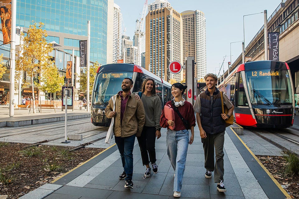 一群國際學生在雪梨環形碼頭的火車月台上步行。影像來源：新南威爾士旅遊局。影像來源：新南威爾斯旅遊局。